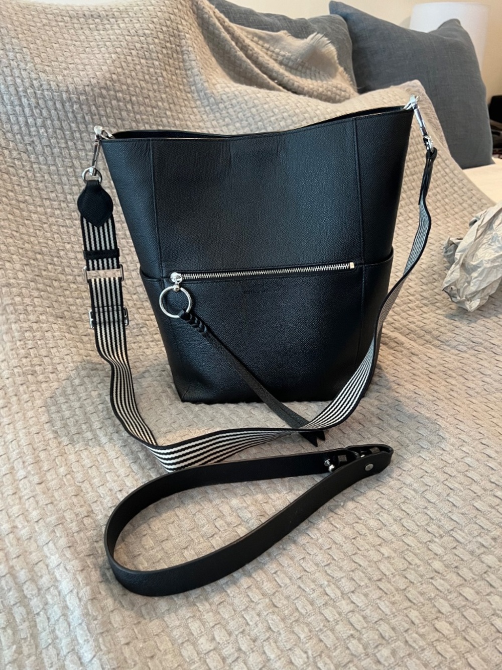 Rebecca Minkoff Black Leather Shoulder Bag with Striped Strap - Picture 3 of 12